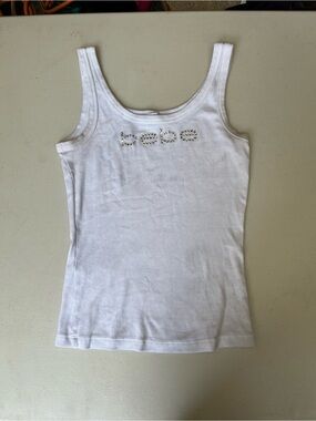 bebe White Ribbed Tank with Rhinestone Logo